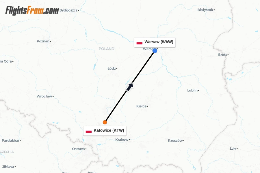 Flights from Katowice to Warsaw route map