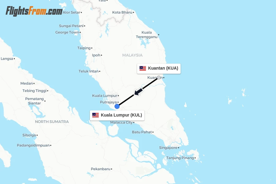 Flights from Kuantan to Kuala Lumpur route map