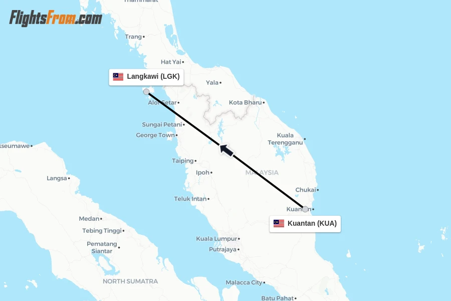 Flights from Kuantan to Langkawi route map