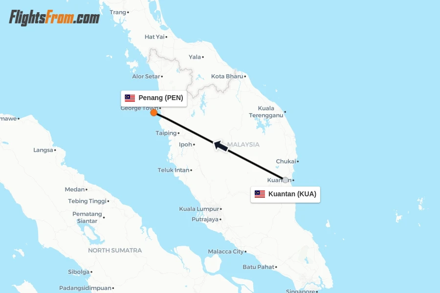 Flights from Kuantan to Penang route map