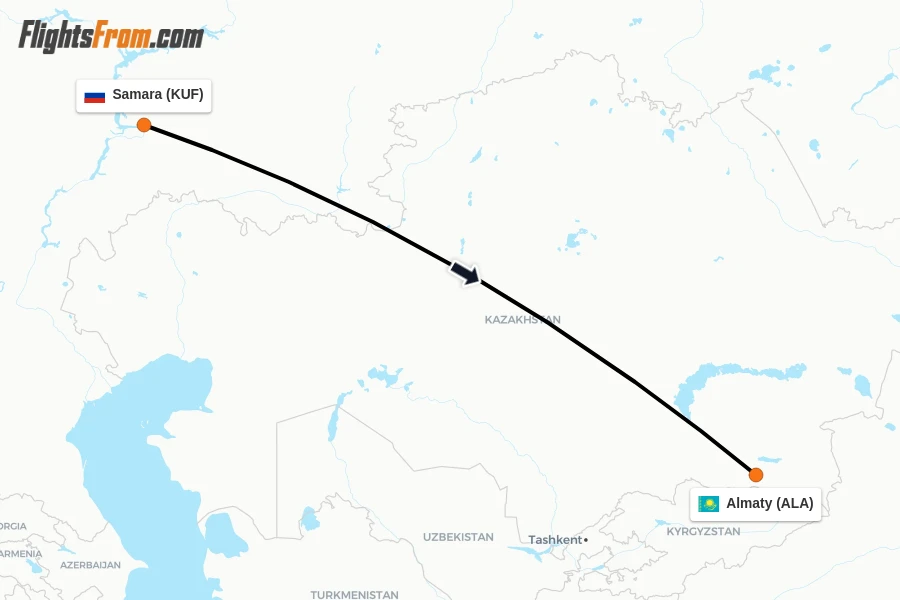 Flights from Samara to Almaty route map
