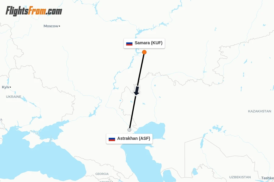 Flights from Samara to Astrakhan route map