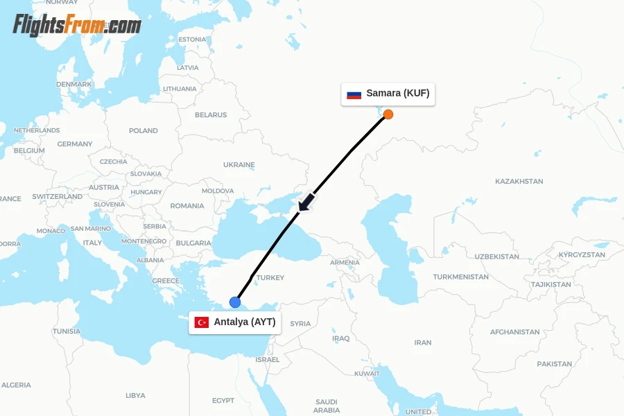 Flights from Samara to Antalya route map