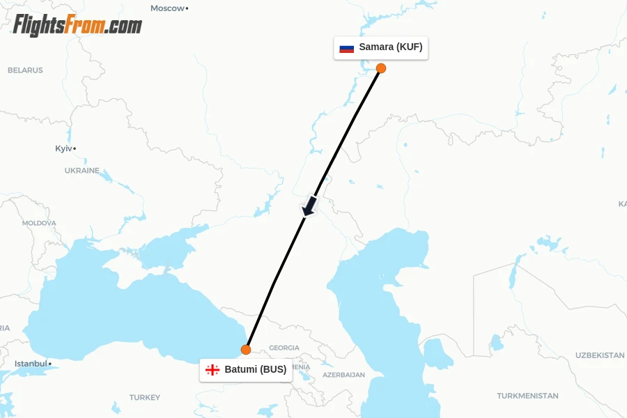 Flights from Samara to Batumi route map