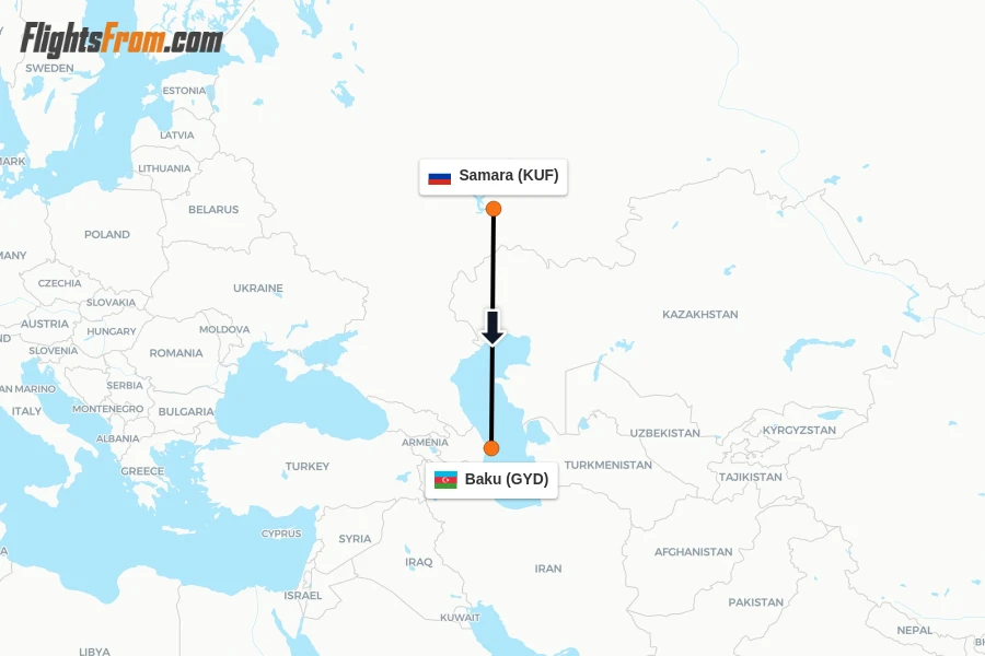 Flights from Samara to Baku route map