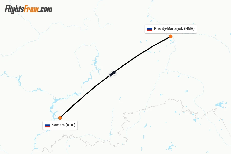Flights from Samara to Khanty-Mansiysk route map