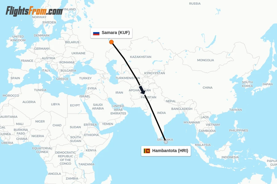 Flights from Samara to Hambantota route map