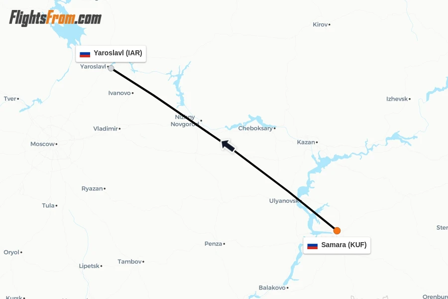Flights from Samara to Yaroslavl route map