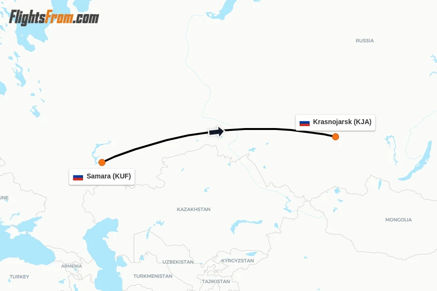 Flights from Samara to Krasnojarsk route map