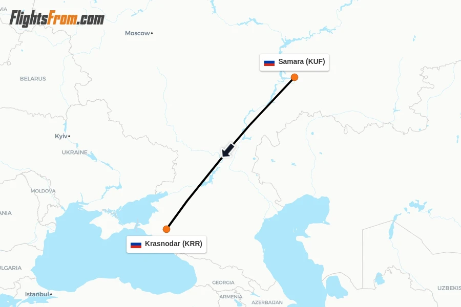Flights from Samara to Krasnodar route map