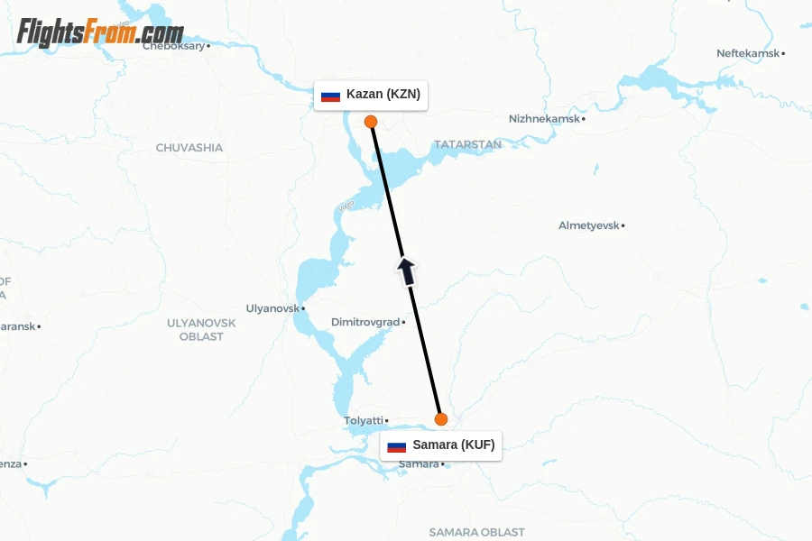 Flights from Samara to Kazan route map