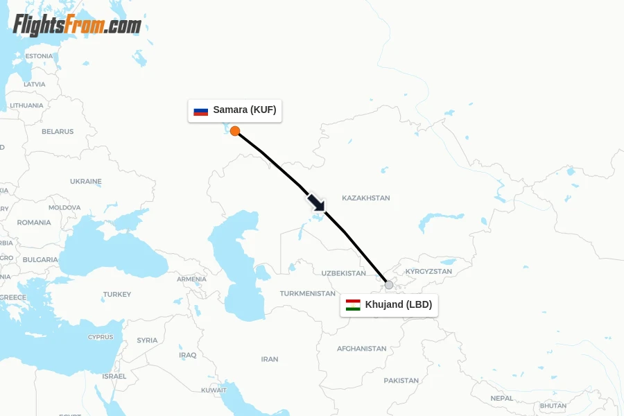 Flights from Samara to Khujand route map