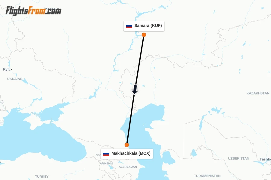 Flights from Samara to Makhachkala route map