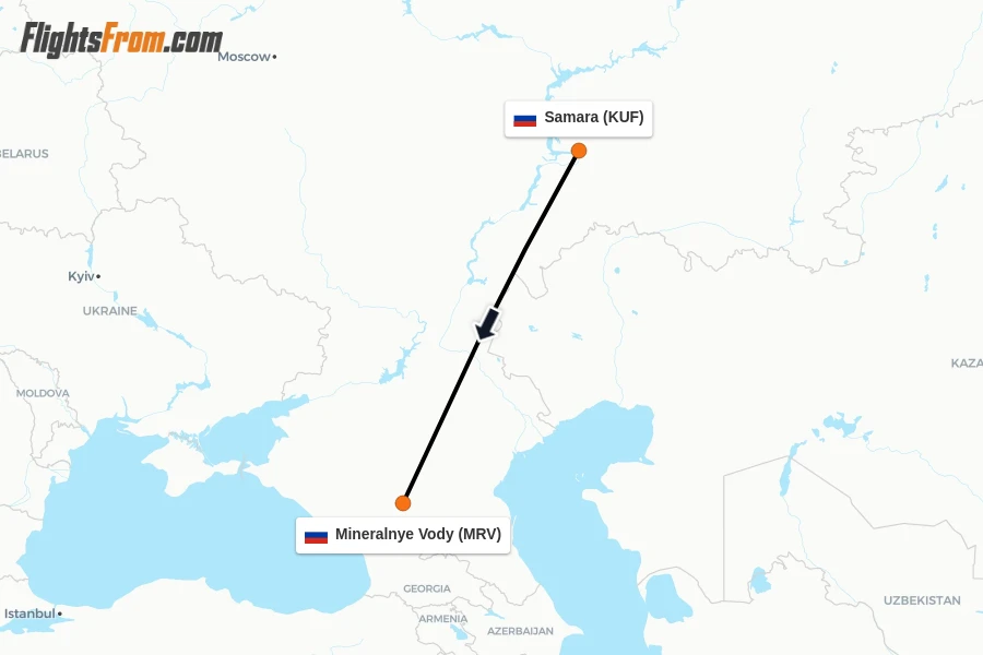 Flights from Samara to Mineralnye Vody route map