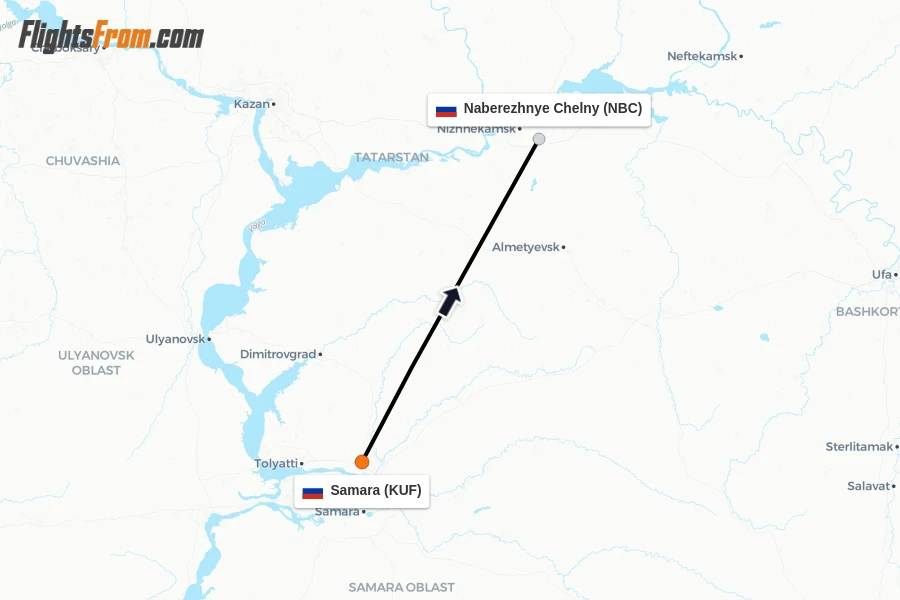 Flights from Samara to Naberezhnye Chelny route map