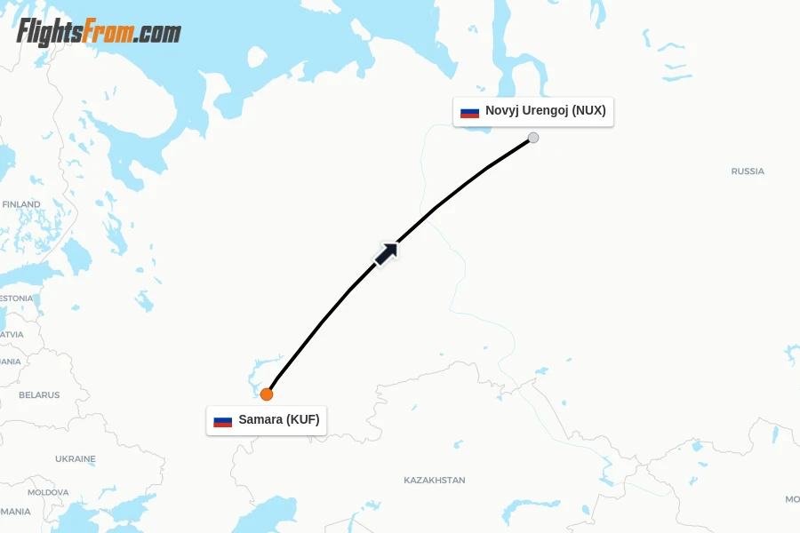 Flights from Samara to Novyj Urengoj route map