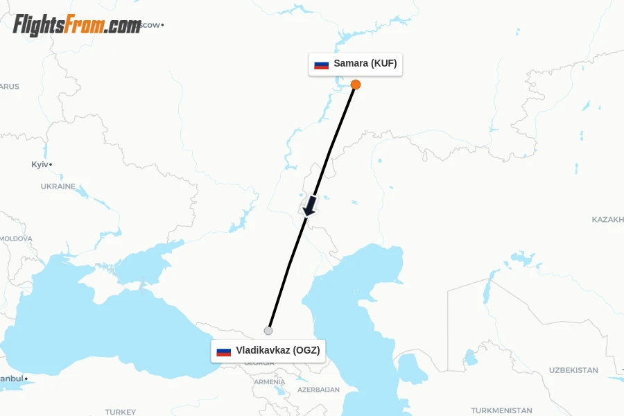 Flights from Samara to Vladikavkaz route map