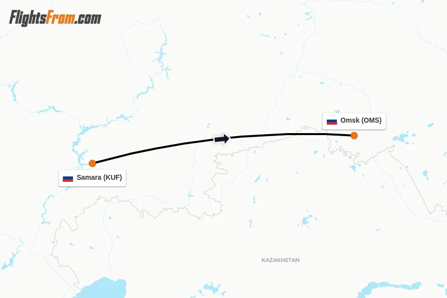 Flights from Samara to Omsk route map
