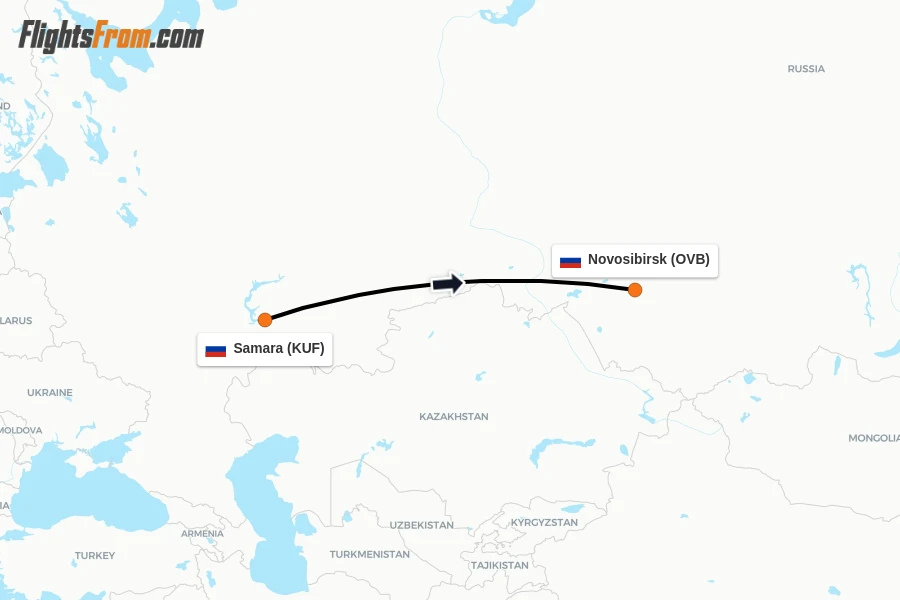 Flights from Samara to Novosibirsk route map
