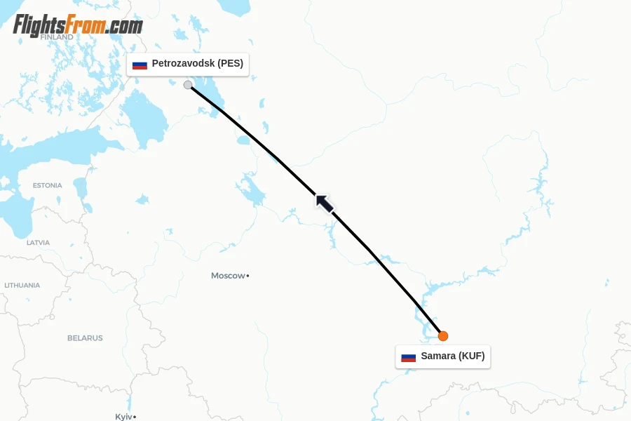 Flights from Samara to Petrozavodsk route map