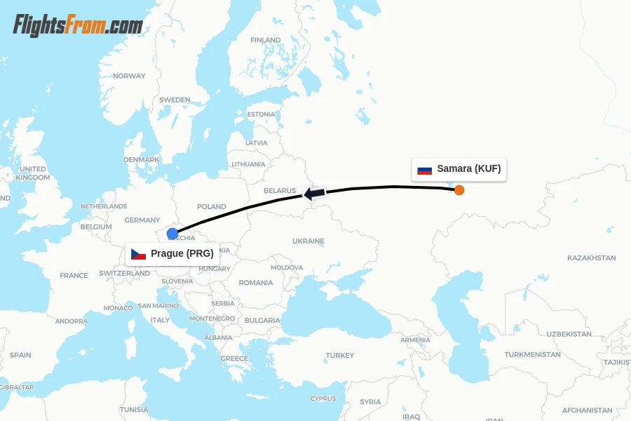 Flights from Samara to Prague route map