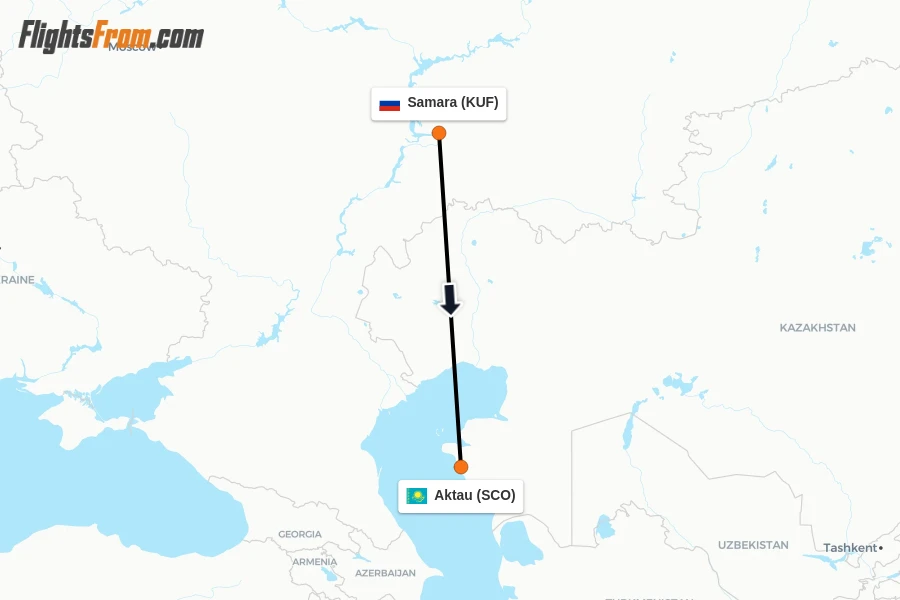 Flights from Samara to Aktau route map