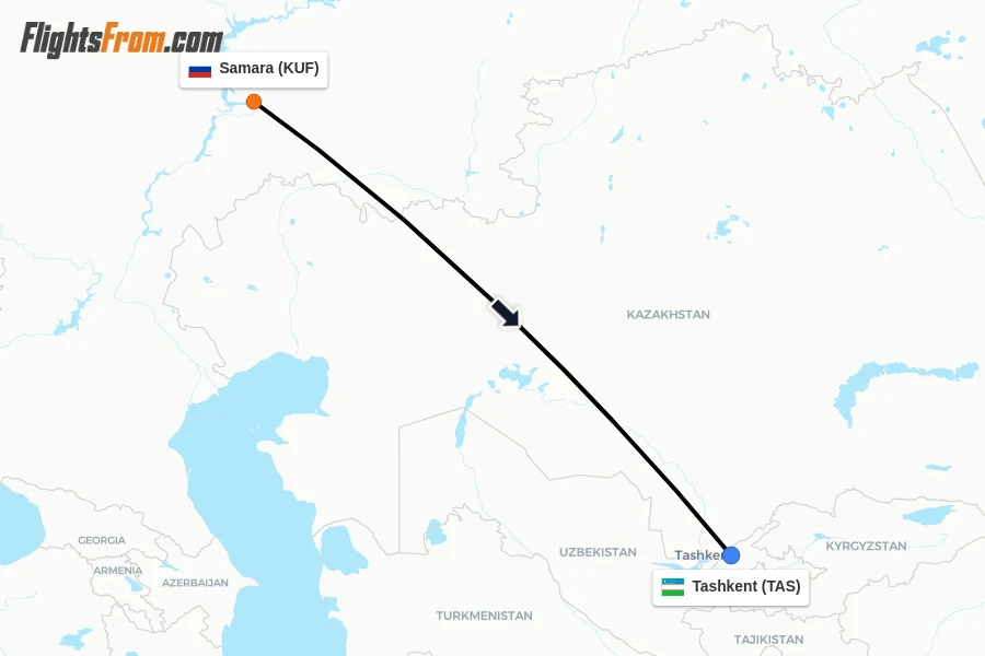 Flights from Samara to Tashkent route map