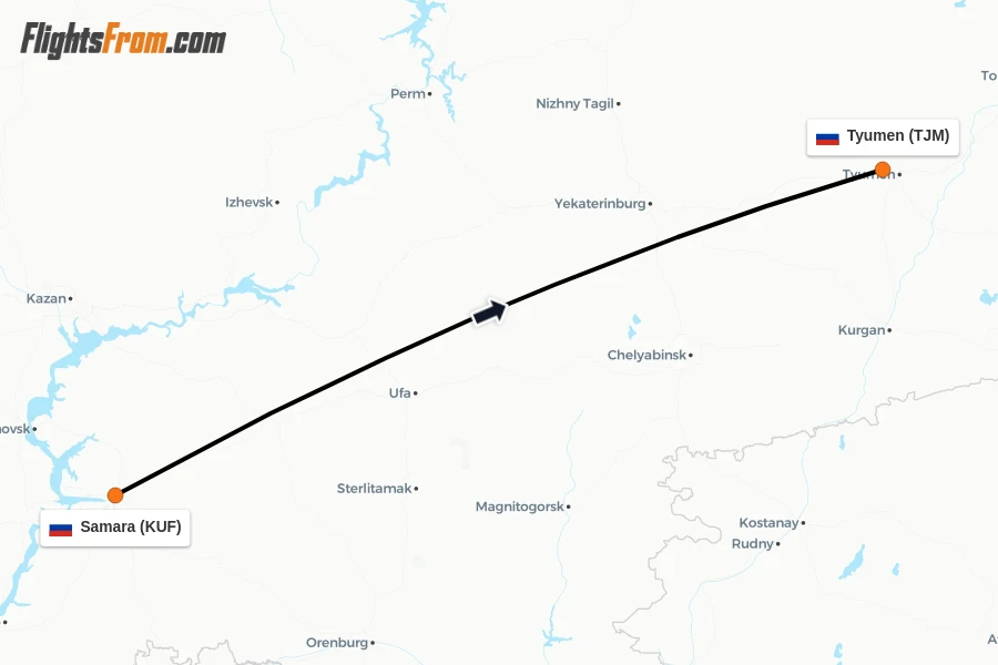 Flights from Samara to Tyumen route map