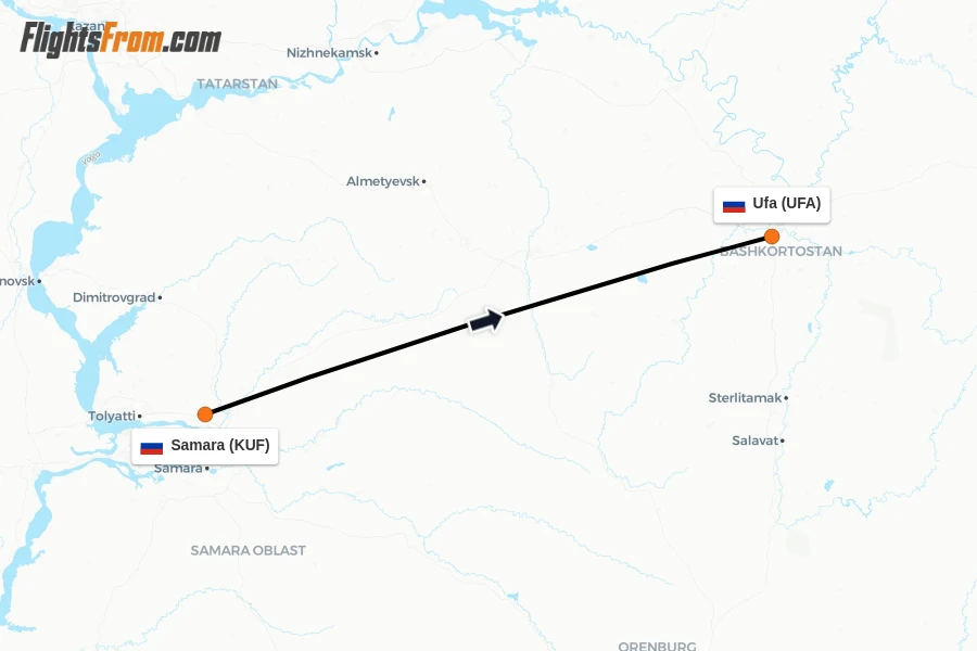 Flights from Samara to Ufa route map