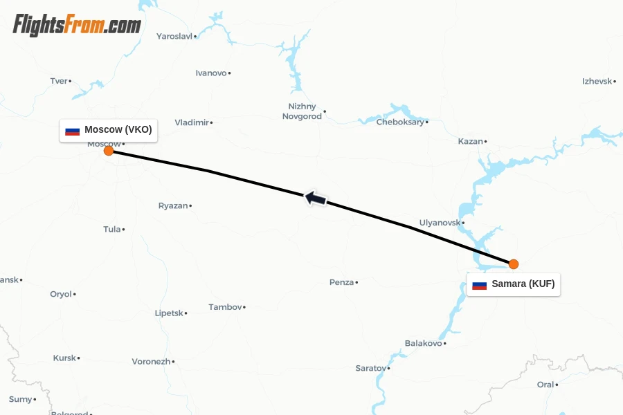 Flights from Samara to Moscow route map