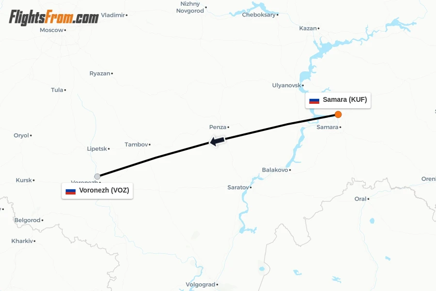 Flights from Samara to Voronezh route map