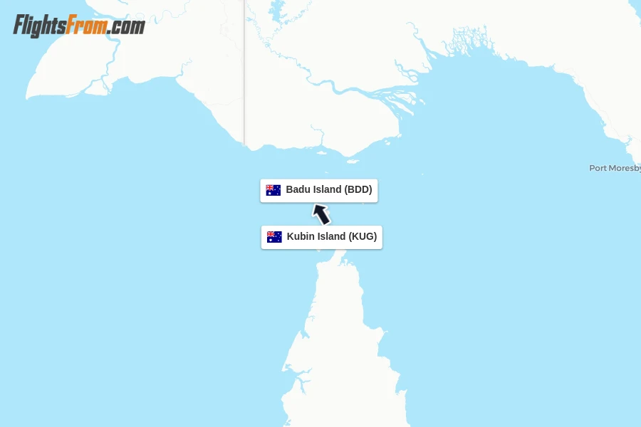 Flights from Kubin Island to Badu Island route map