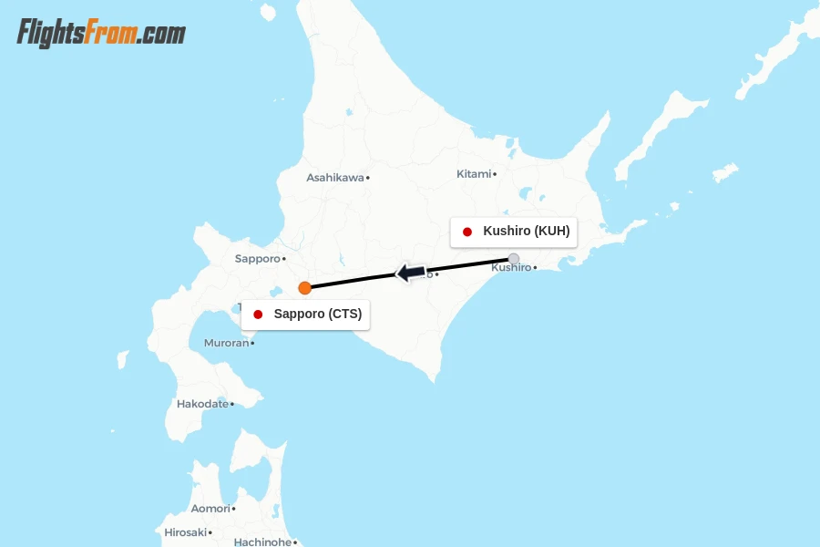 Flights from Kushiro to Sapporo route map