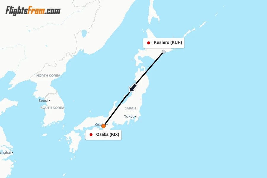 Flights from Kushiro to Osaka route map