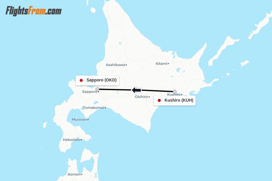 Flights from Kushiro to Sapporo route map