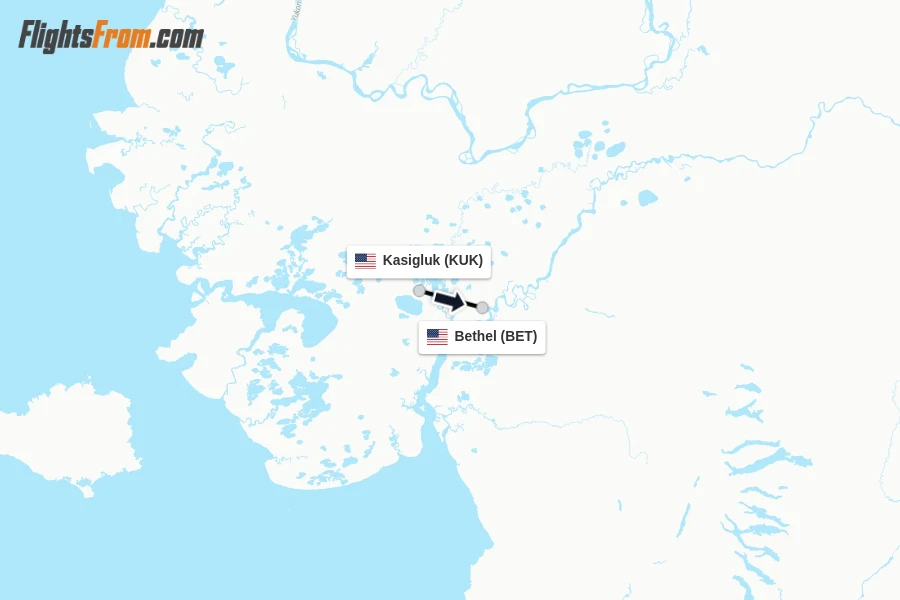 Flights from Kasigluk to Bethel route map
