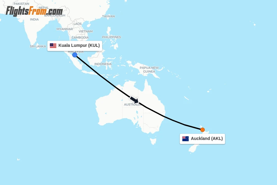 Flights from Kuala Lumpur to Auckland route map