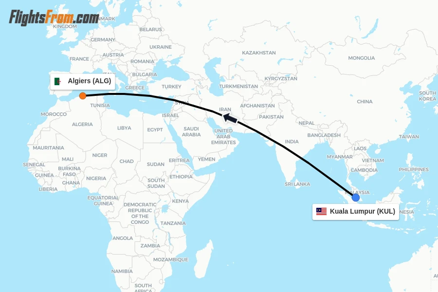 Flights from Kuala Lumpur to Algiers route map