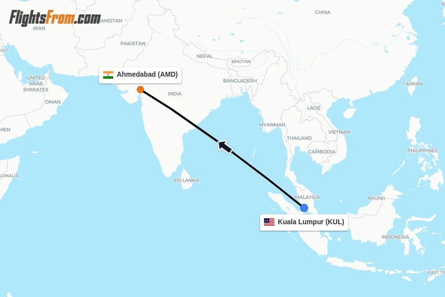 Flights from Kuala Lumpur to Ahmedabad route map