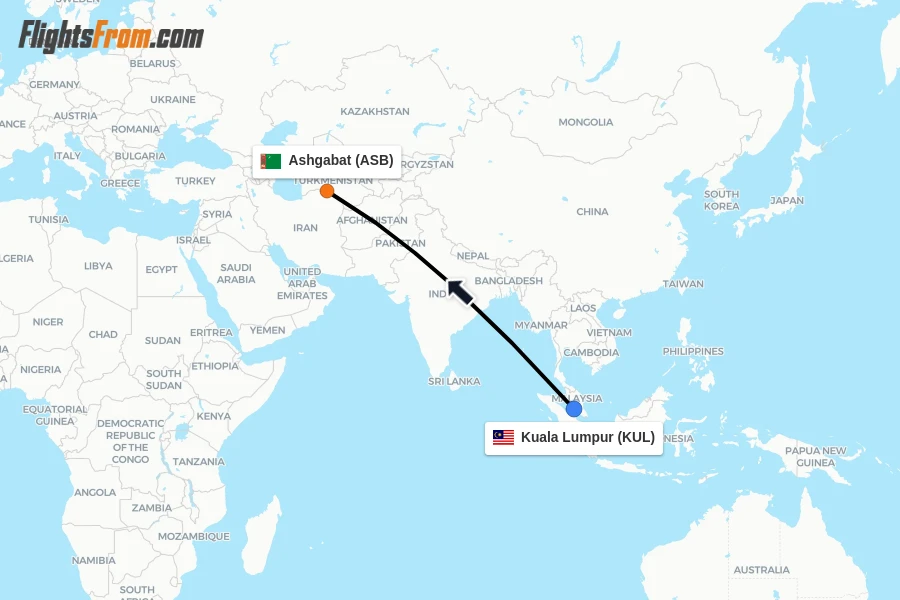Flights from Kuala Lumpur to Ashgabat route map