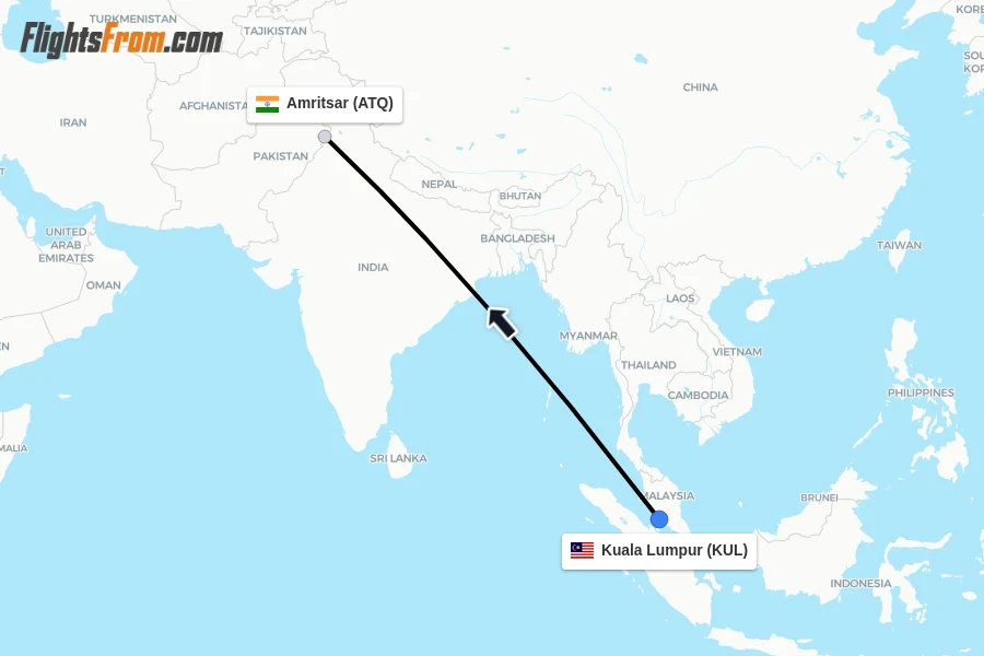 Flights from Kuala Lumpur to Amritsar route map