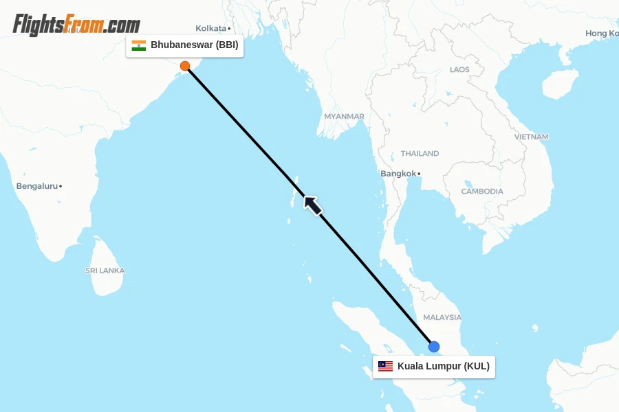 Flights from Kuala Lumpur to Bhubaneswar route map