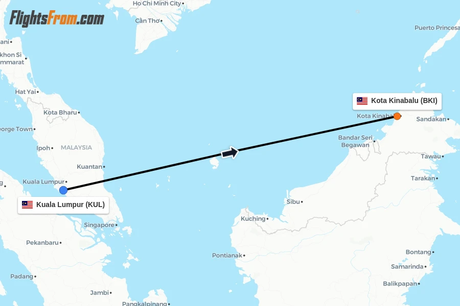 Flights from Kuala Lumpur to Kota Kinabalu route map