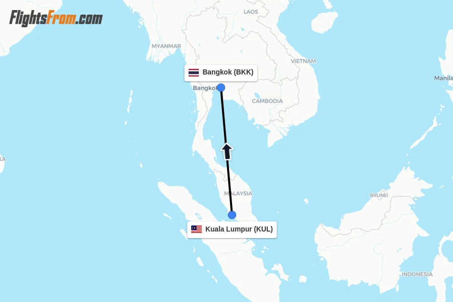 Flights from Kuala Lumpur to Bangkok route map