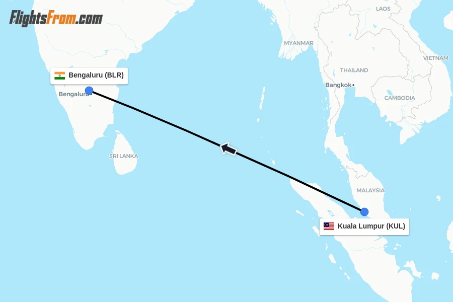 Flights from Kuala Lumpur to Bengaluru route map