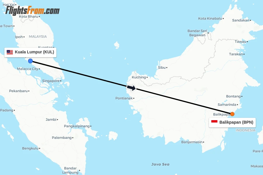 Flights from Kuala Lumpur to Balikpapan route map