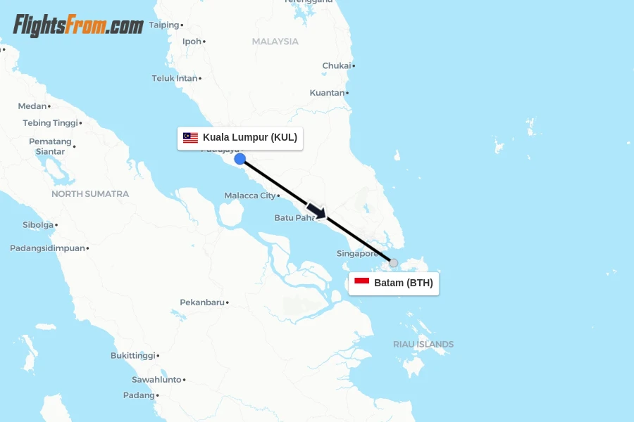 Flights from Kuala Lumpur to Batam route map