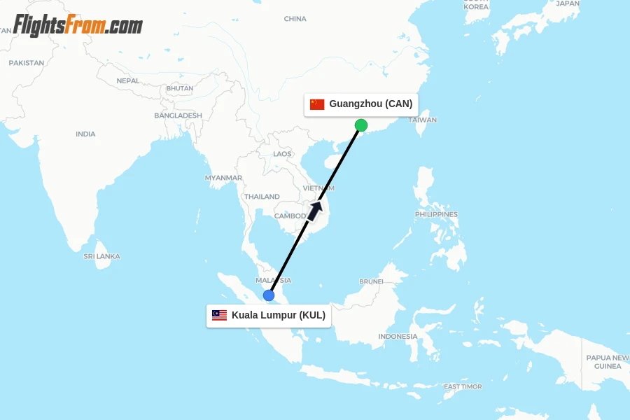 Flights from Kuala Lumpur to Guangzhou route map