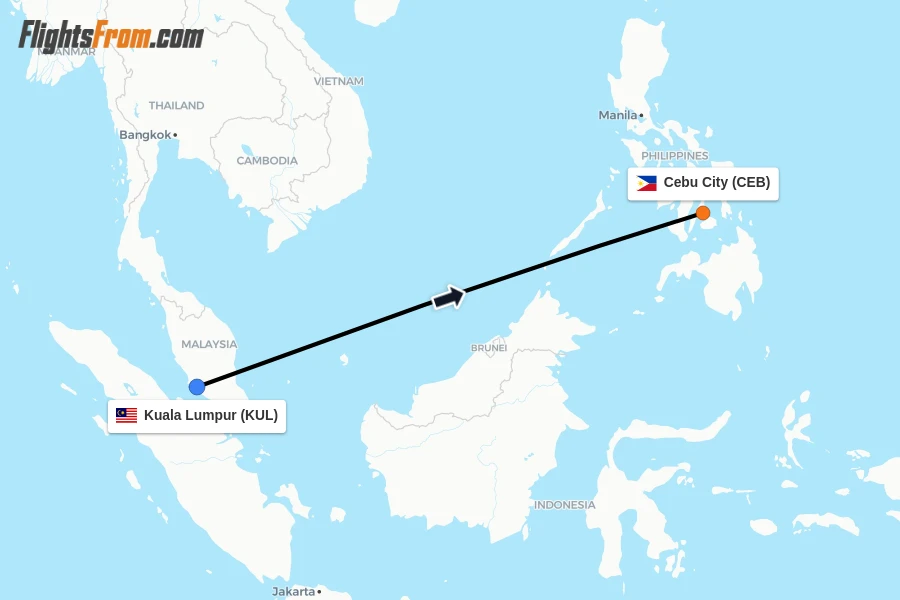 Flights from Kuala Lumpur to Cebu City route map