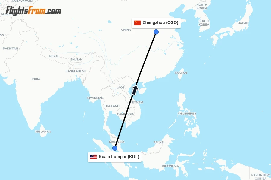 Flights from Kuala Lumpur to Zhengzhou route map